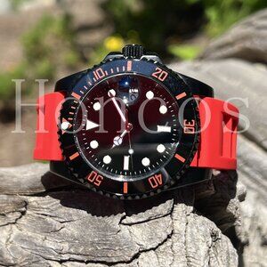 DIY Custom Made SUB MODS Watch NH35 Automatic Black Dial Red RM Rubber Band